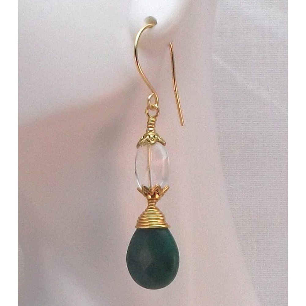 Green Jade Clear Quartz & Gold Wire Wrap Earrings - Picture 2 of 3